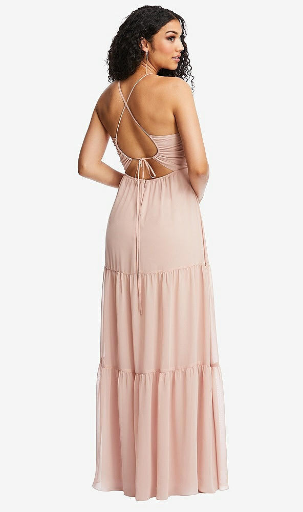 Back View - French Blue Drawstring Bodice Gathered Tie Open-Back Maxi Dress with Tiered Skirt