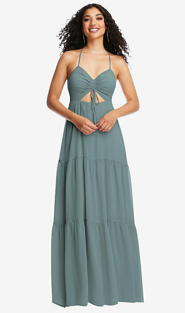 Front View - Icelandic Drawstring Bodice Gathered Tie Open-Back Maxi Dress with Tiered Skirt