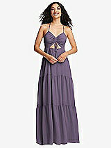 Front View Thumbnail - Lavender Drawstring Bodice Gathered Tie Open-Back Maxi Dress with Tiered Skirt