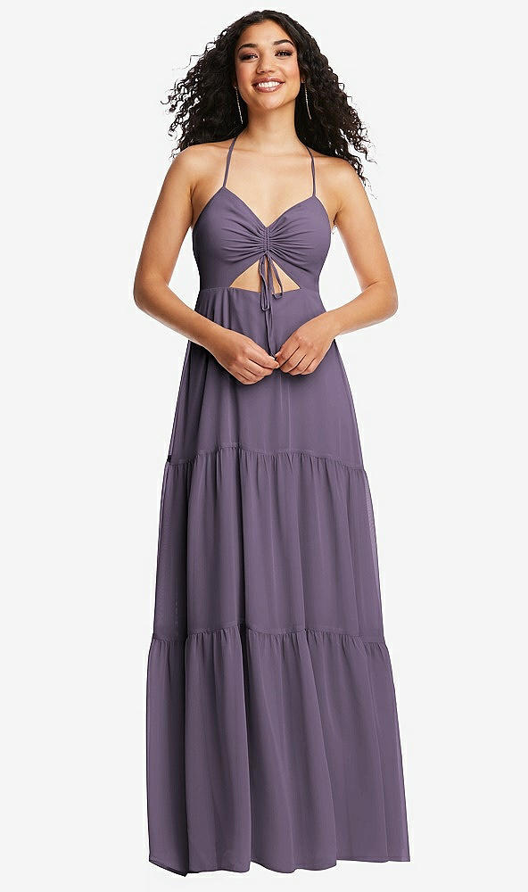 Front View - Lavender Drawstring Bodice Gathered Tie Open-Back Maxi Dress with Tiered Skirt