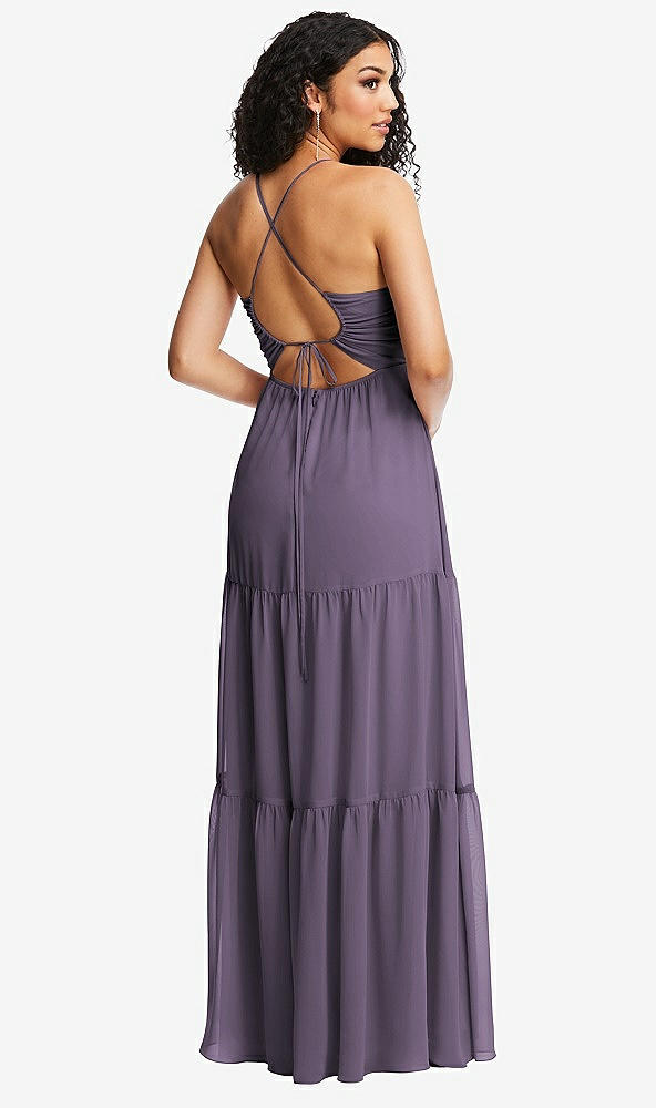 Back View - Lavender Drawstring Bodice Gathered Tie Open-Back Maxi Dress with Tiered Skirt