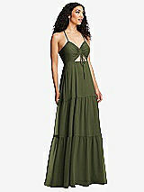 Alt View 1 Thumbnail - Olive Green Drawstring Bodice Gathered Tie Open-Back Maxi Dress with Tiered Skirt