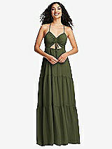 Front View Thumbnail - Olive Green Drawstring Bodice Gathered Tie Open-Back Maxi Dress with Tiered Skirt