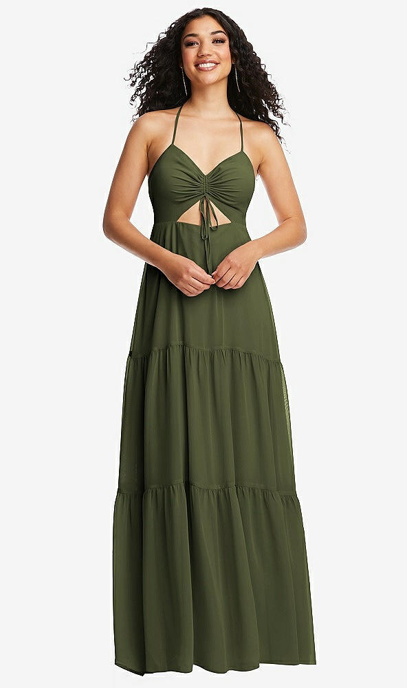 Front View - Olive Green Drawstring Bodice Gathered Tie Open-Back Maxi Dress with Tiered Skirt