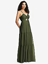 Side View Thumbnail - Olive Green Drawstring Bodice Gathered Tie Open-Back Maxi Dress with Tiered Skirt