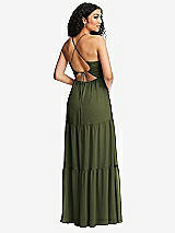 Rear View Thumbnail - Olive Green Drawstring Bodice Gathered Tie Open-Back Maxi Dress with Tiered Skirt