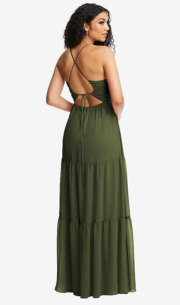 Back View - Olive Green Drawstring Bodice Gathered Tie Open-Back Maxi Dress with Tiered Skirt