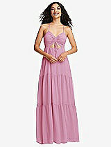 Front View Thumbnail - Powder Pink Drawstring Bodice Gathered Tie Open-Back Maxi Dress with Tiered Skirt