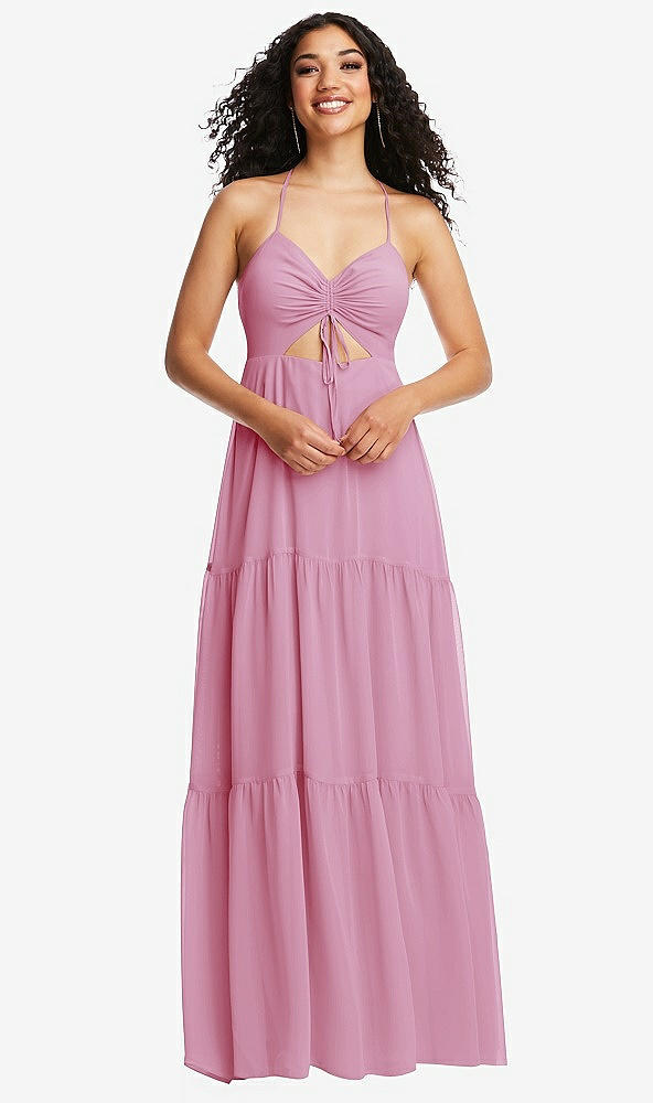 Front View - Powder Pink Drawstring Bodice Gathered Tie Open-Back Maxi Dress with Tiered Skirt