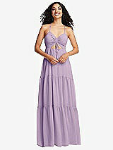 Front View Thumbnail - Pale Purple Drawstring Bodice Gathered Tie Open-Back Maxi Dress with Tiered Skirt
