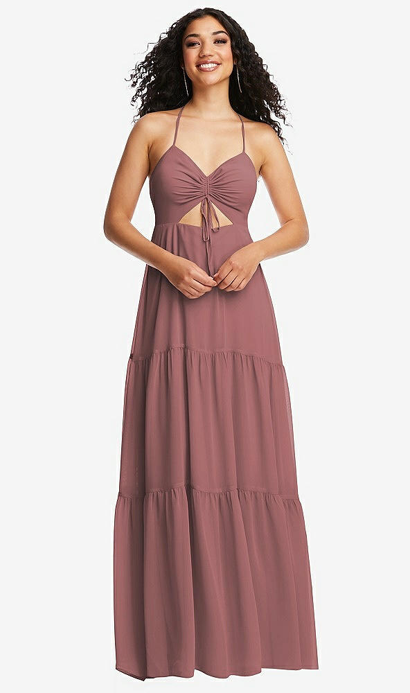 Front View - Rosewood Drawstring Bodice Gathered Tie Open-Back Maxi Dress with Tiered Skirt