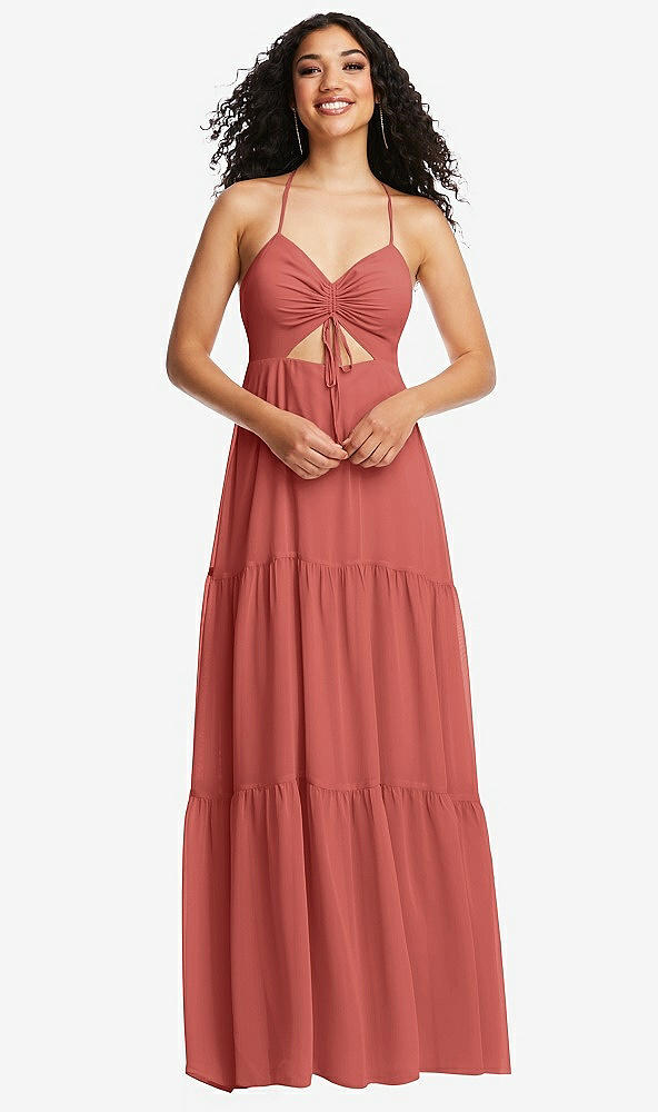 Front View - Coral Pink Drawstring Bodice Gathered Tie Open-Back Maxi Dress with Tiered Skirt