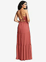 Rear View Thumbnail - Coral Pink Drawstring Bodice Gathered Tie Open-Back Maxi Dress with Tiered Skirt