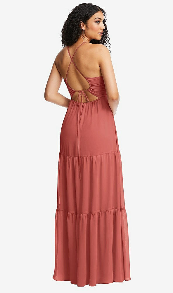 Back View - Coral Pink Drawstring Bodice Gathered Tie Open-Back Maxi Dress with Tiered Skirt