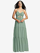 Front View Thumbnail - Seagrass Drawstring Bodice Gathered Tie Open-Back Maxi Dress with Tiered Skirt