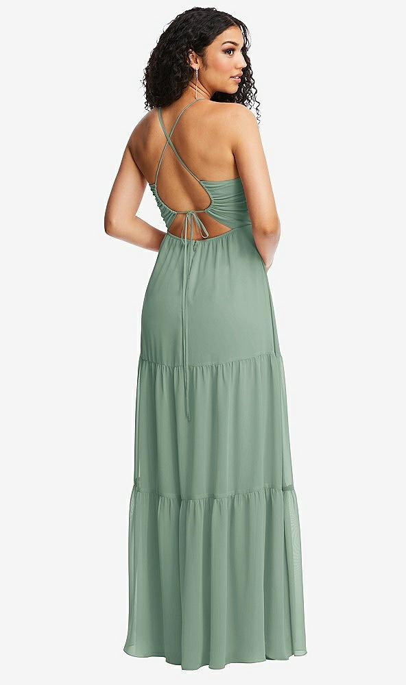 Back View - Seagrass Drawstring Bodice Gathered Tie Open-Back Maxi Dress with Tiered Skirt