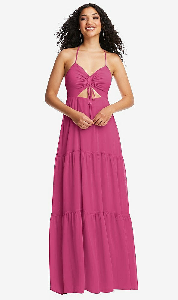 Front View - Tea Rose Drawstring Bodice Gathered Tie Open-Back Maxi Dress with Tiered Skirt