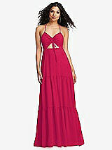 Alt View 2 Thumbnail - Vivid Pink Drawstring Bodice Gathered Tie Open-Back Maxi Dress with Tiered Skirt