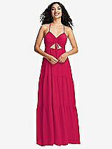 Front View Thumbnail - Vivid Pink Drawstring Bodice Gathered Tie Open-Back Maxi Dress with Tiered Skirt