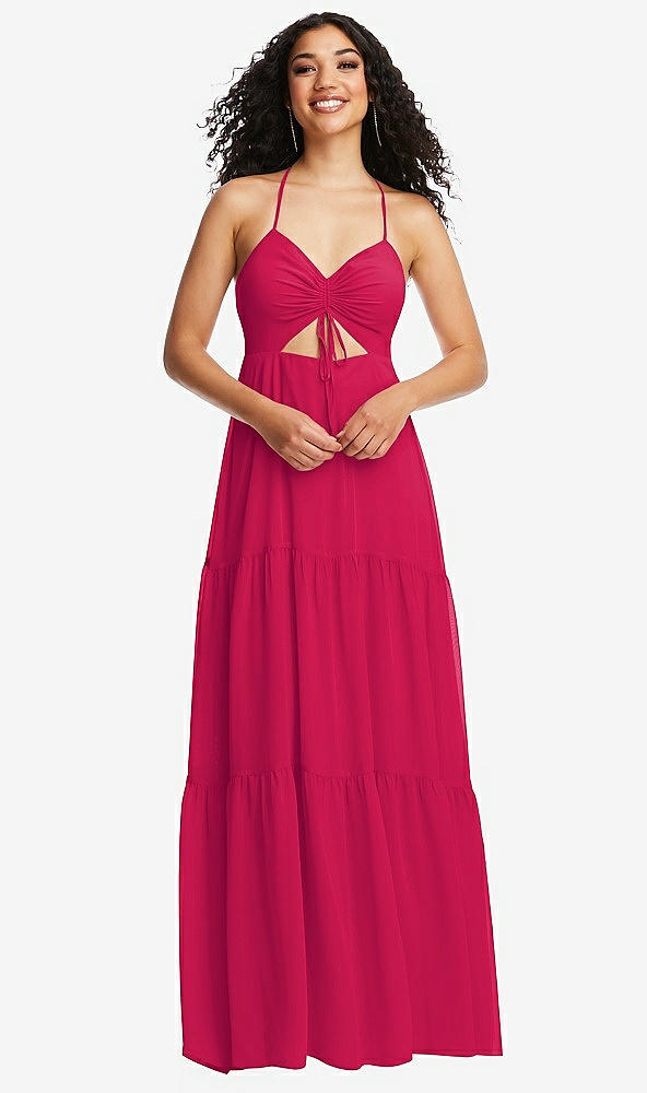 Front View - Vivid Pink Drawstring Bodice Gathered Tie Open-Back Maxi Dress with Tiered Skirt