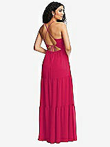 Rear View Thumbnail - Vivid Pink Drawstring Bodice Gathered Tie Open-Back Maxi Dress with Tiered Skirt
