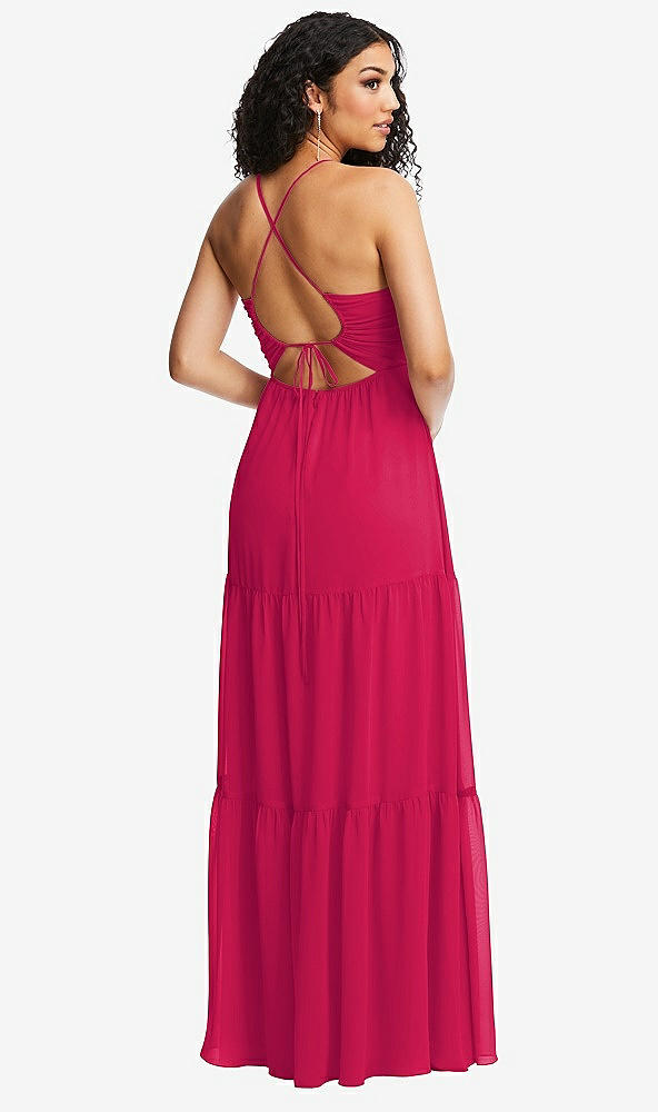 Back View - Vivid Pink Drawstring Bodice Gathered Tie Open-Back Maxi Dress with Tiered Skirt