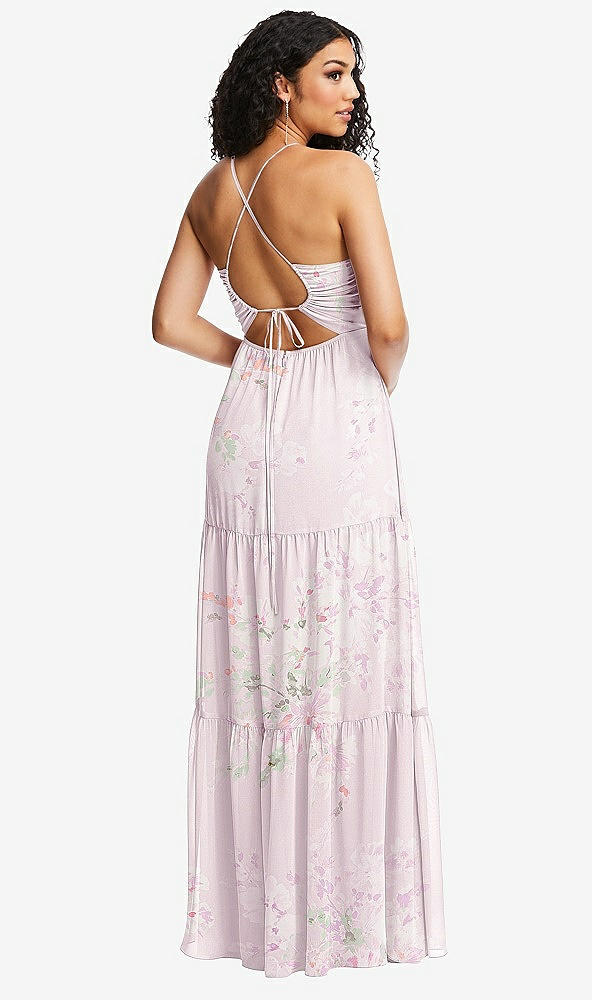 Back View - Watercolor Print Drawstring Bodice Gathered Tie Open-Back Maxi Dress with Tiered Skirt