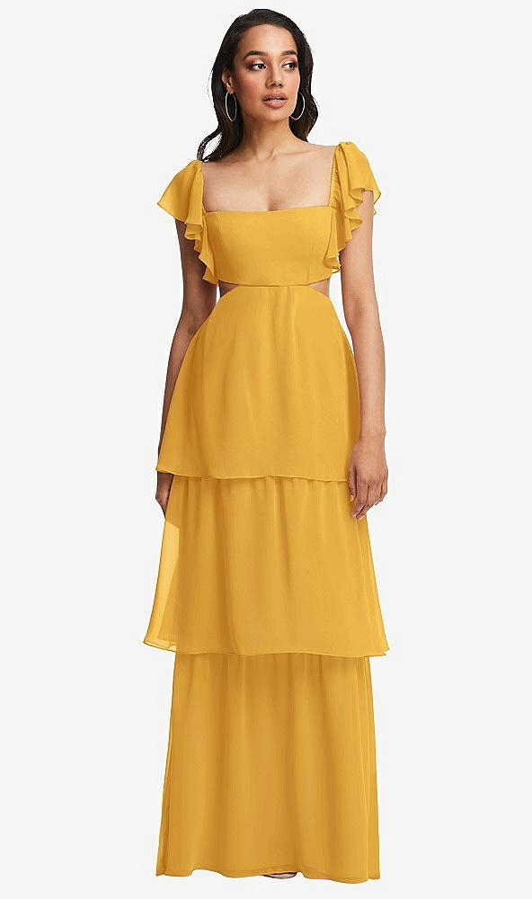Front View - NYC Yellow Flutter Sleeve Cutout Tie-Back Maxi Dress with Tiered Ruffle Skirt