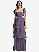 Front View Thumbnail - Lavender Flutter Sleeve Cutout Tie-Back Maxi Dress with Tiered Ruffle Skirt