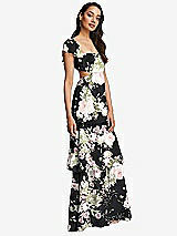 Side View Thumbnail - Noir Garden Flutter Sleeve Cutout Tie-Back Maxi Dress with Tiered Ruffle Skirt