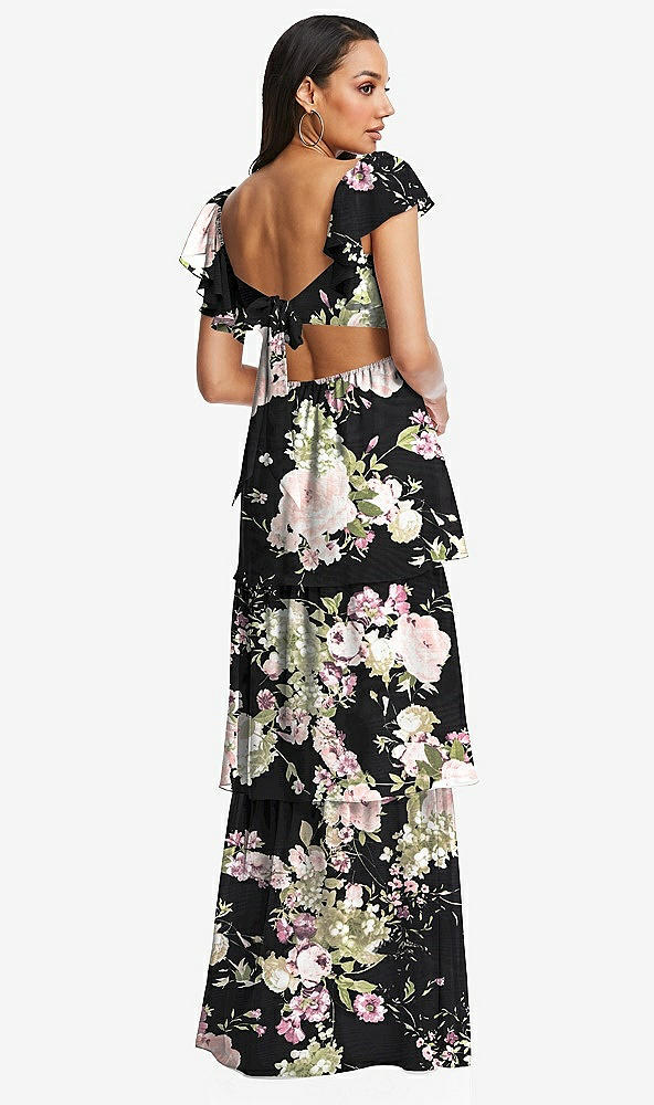 Back View - Noir Garden Flutter Sleeve Cutout Tie-Back Maxi Dress with Tiered Ruffle Skirt