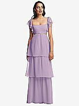 Front View Thumbnail - Pale Purple Flutter Sleeve Cutout Tie-Back Maxi Dress with Tiered Ruffle Skirt