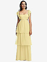 Front View Thumbnail - Pale Yellow Flutter Sleeve Cutout Tie-Back Maxi Dress with Tiered Ruffle Skirt