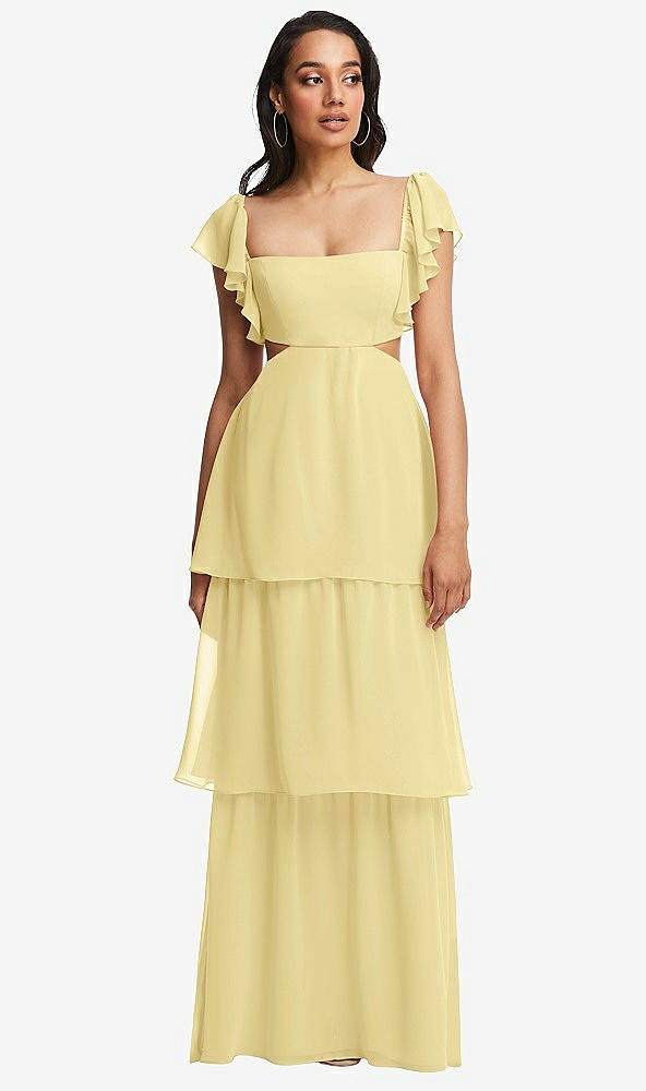 Front View - Pale Yellow Flutter Sleeve Cutout Tie-Back Maxi Dress with Tiered Ruffle Skirt