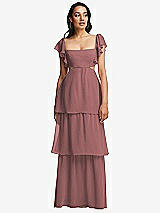 Front View Thumbnail - Rosewood Flutter Sleeve Cutout Tie-Back Maxi Dress with Tiered Ruffle Skirt