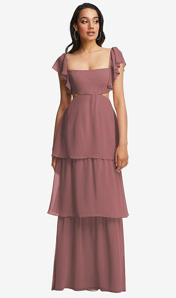 Front View - Rosewood Flutter Sleeve Cutout Tie-Back Maxi Dress with Tiered Ruffle Skirt