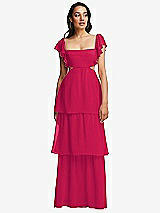 Front View Thumbnail - Vivid Pink Flutter Sleeve Cutout Tie-Back Maxi Dress with Tiered Ruffle Skirt