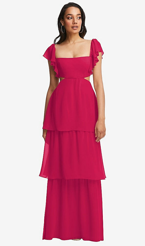 Front View - Vivid Pink Flutter Sleeve Cutout Tie-Back Maxi Dress with Tiered Ruffle Skirt