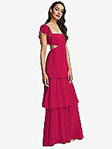 Side View Thumbnail - Vivid Pink Flutter Sleeve Cutout Tie-Back Maxi Dress with Tiered Ruffle Skirt