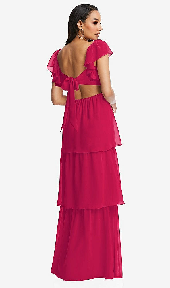 Back View - Vivid Pink Flutter Sleeve Cutout Tie-Back Maxi Dress with Tiered Ruffle Skirt