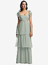 Front View Thumbnail - Willow Green Flutter Sleeve Cutout Tie-Back Maxi Dress with Tiered Ruffle Skirt