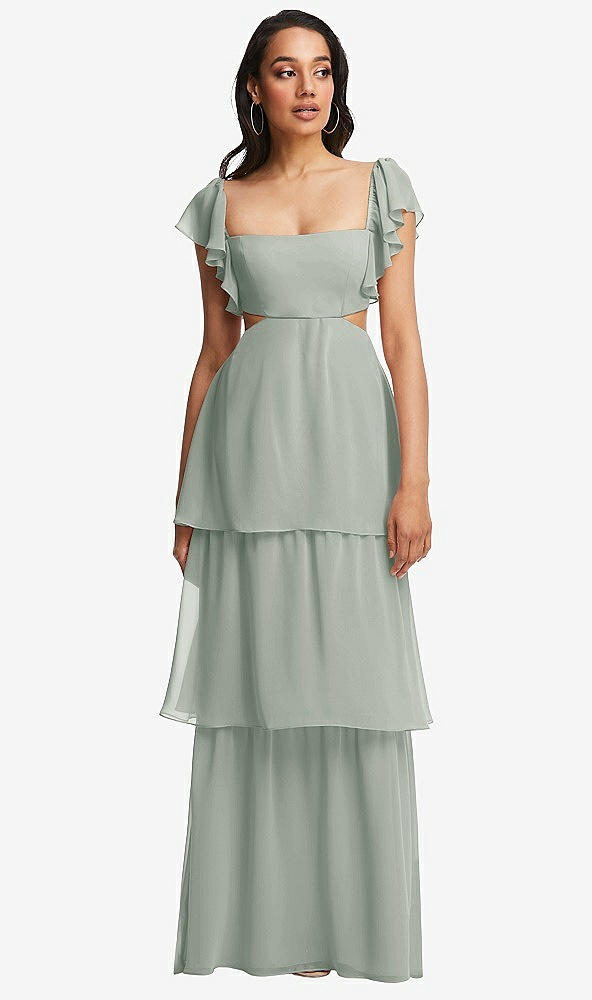 Front View - Willow Green Flutter Sleeve Cutout Tie-Back Maxi Dress with Tiered Ruffle Skirt