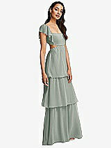 Side View Thumbnail - Willow Green Flutter Sleeve Cutout Tie-Back Maxi Dress with Tiered Ruffle Skirt