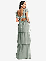 Rear View Thumbnail - Willow Green Flutter Sleeve Cutout Tie-Back Maxi Dress with Tiered Ruffle Skirt