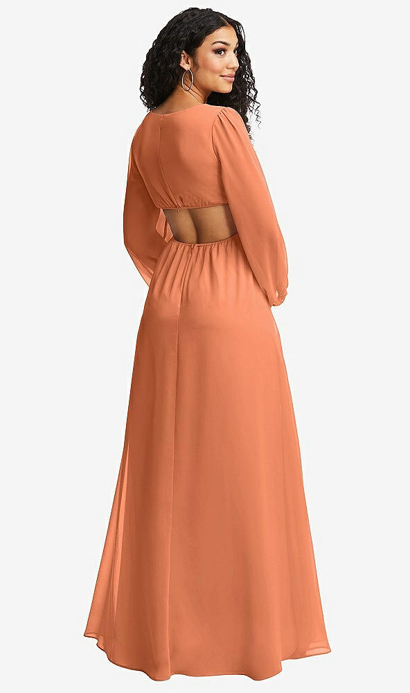 Back View - Sweet Melon Long Puff Sleeve Cutout Waist Chiffon Maxi Dress 