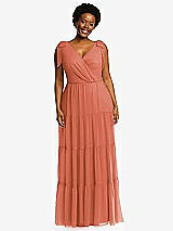 Alt View 1 Thumbnail - Terracotta Copper Bow-Shoulder Faux Wrap Maxi Dress with Tiered Skirt