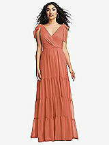 Front View Thumbnail - Terracotta Copper Bow-Shoulder Faux Wrap Maxi Dress with Tiered Skirt