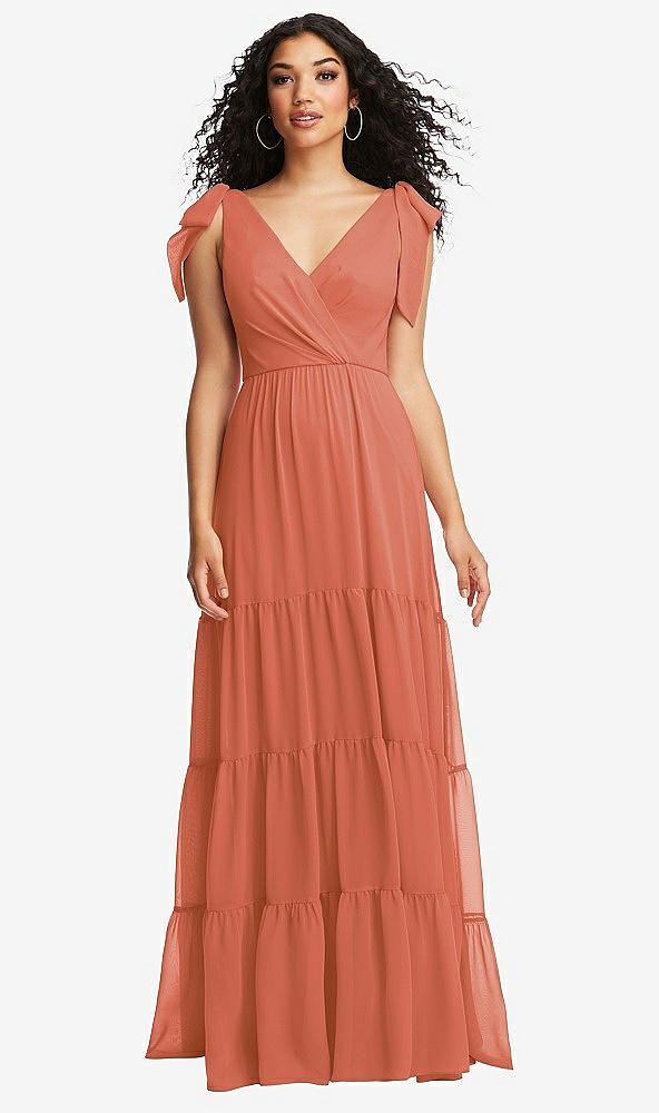 Front View - Terracotta Copper Bow-Shoulder Faux Wrap Maxi Dress with Tiered Skirt