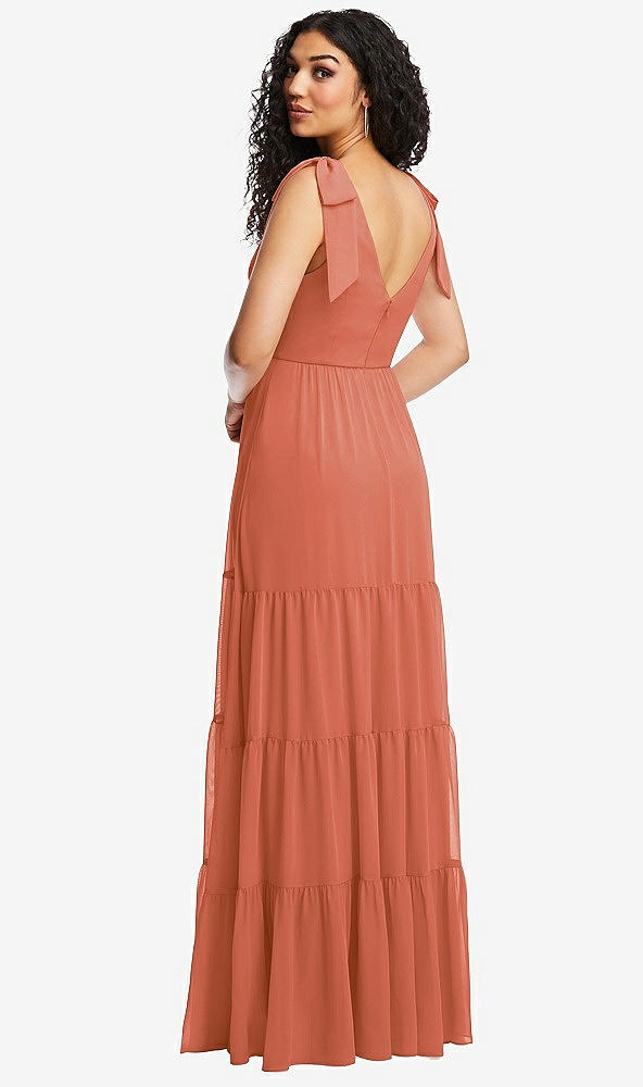 Back View - Terracotta Copper Bow-Shoulder Faux Wrap Maxi Dress with Tiered Skirt