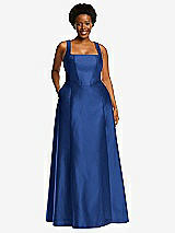 Alt View 1 Thumbnail - Classic Blue Boned Corset Closed-Back Satin Gown with Full Skirt and Pockets